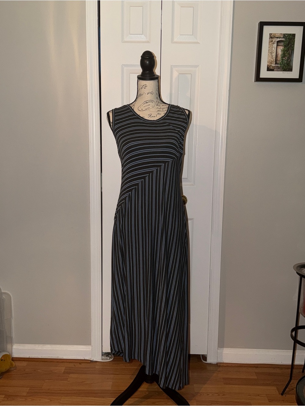 CAbi Blue & Gray Striped Sleeveless Maxi Dress